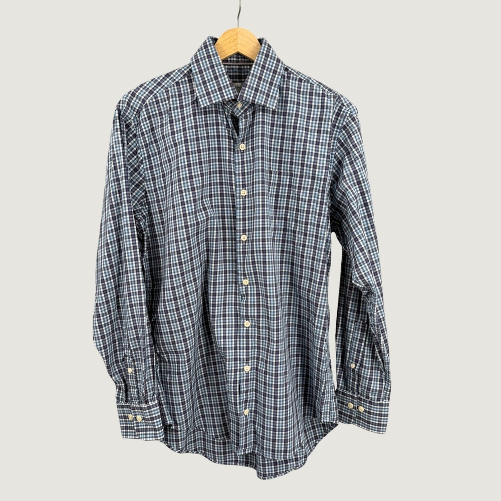 Peter Millar Mens Medium Blue‎ Plaid Check Button Front Dress Shirt 100% Cotton
